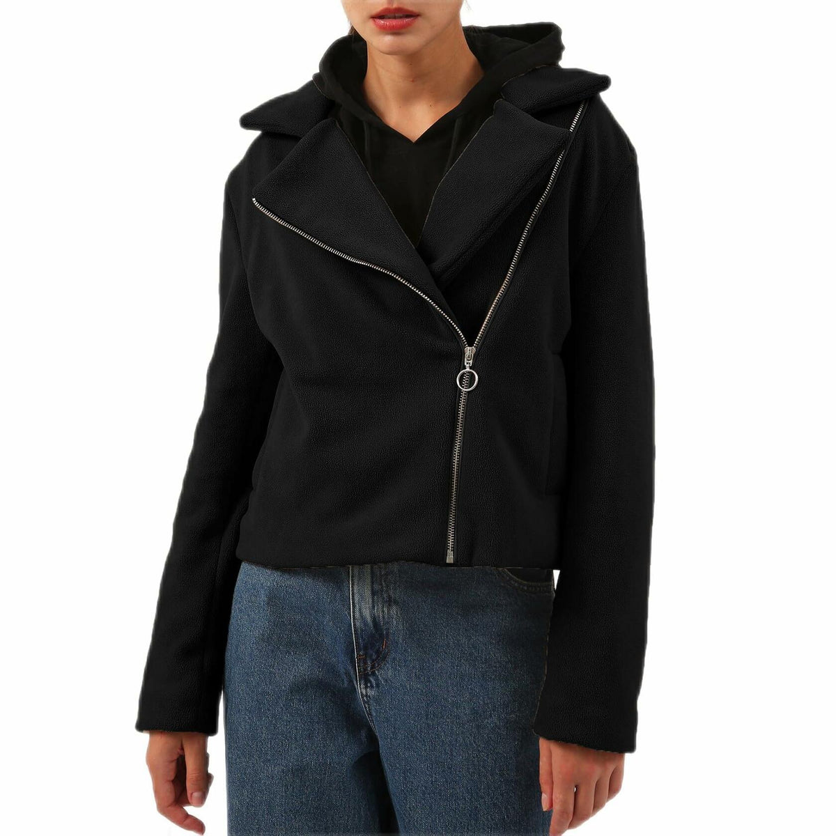 Amazhiyu Womens Faux-Sherpa Moto Zipper Jacket Black Medium Winter Coat