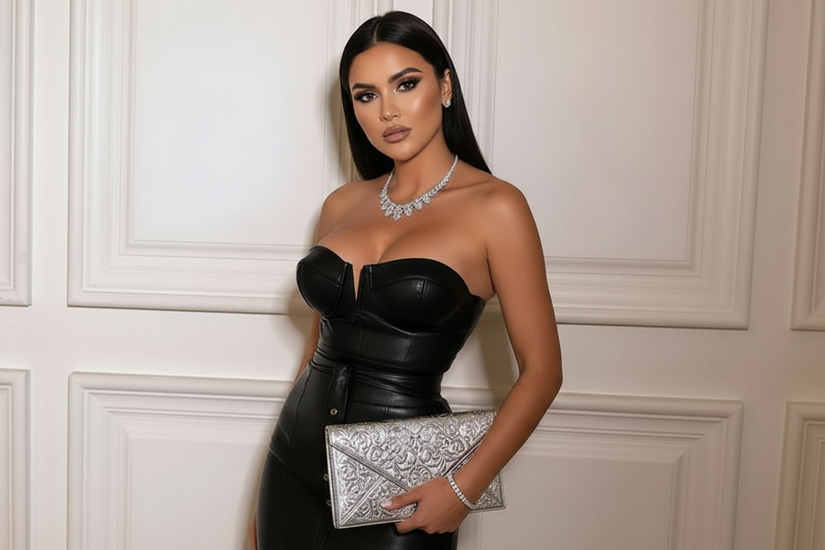 Sexy Tight Split Faux Leather Solid Color Rivet Dress