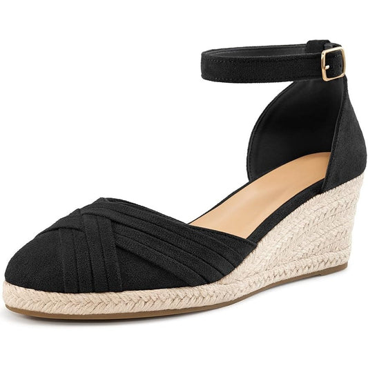 Reimferce Women Size 8 Black Faux Suede 2.5" Wedge Heel Ankle Strap Sandal Shoes