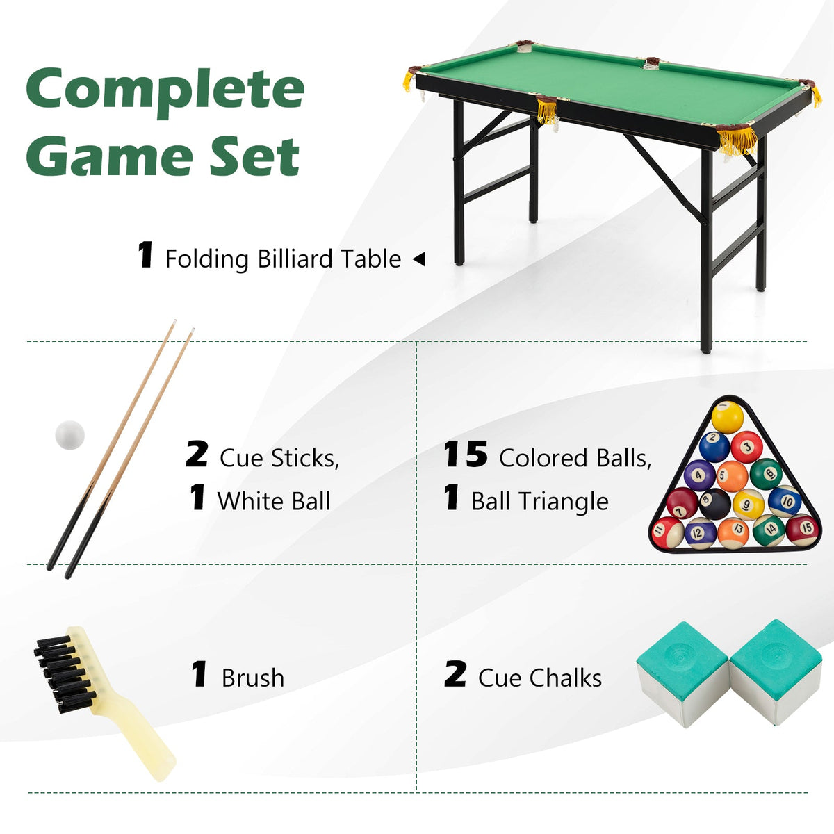 47 Inch Folding Billiard Table with Cues and Brush Chalk -Green