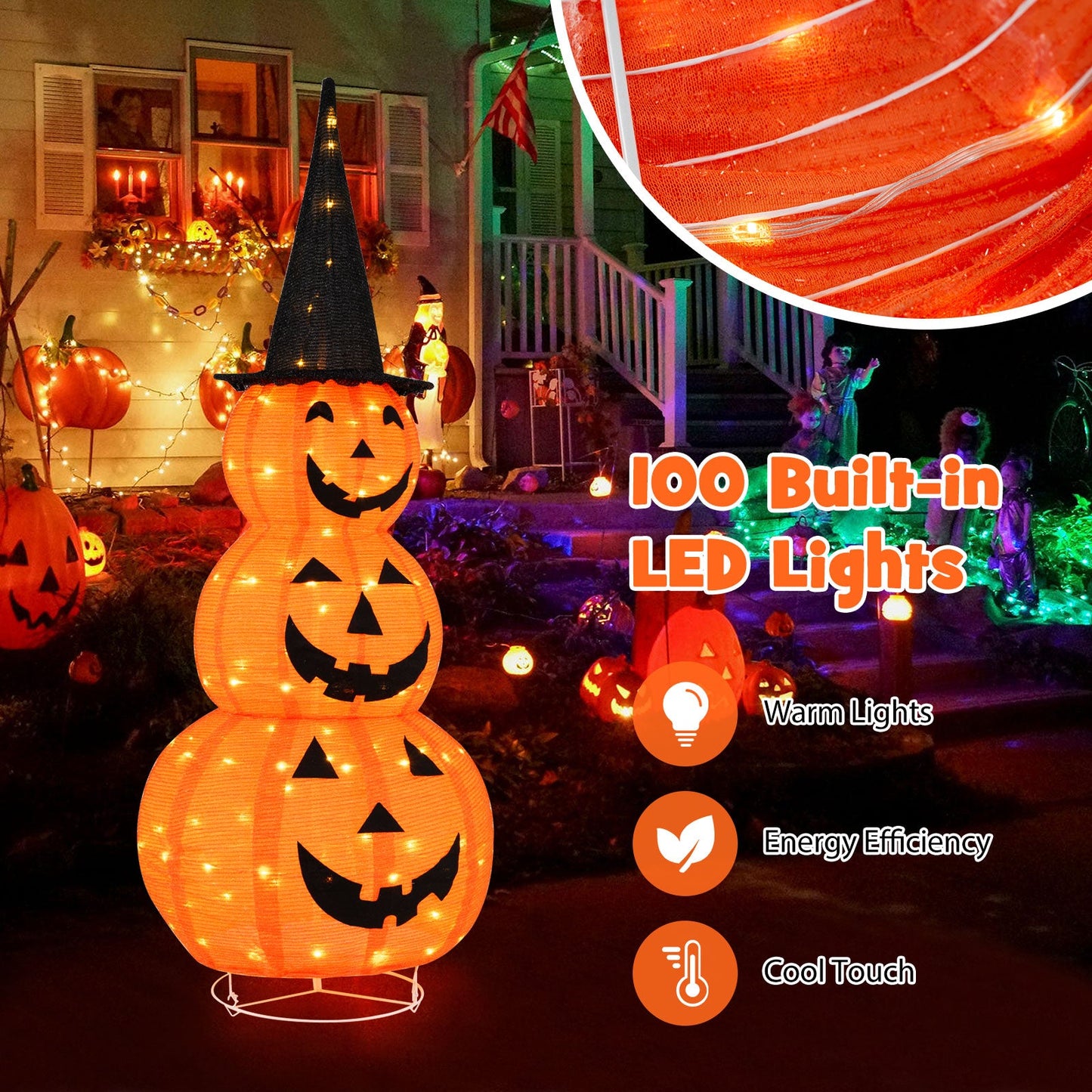 5 Feet Lighted Stacked Pumpkins Halloween Decoration with Witch Hat