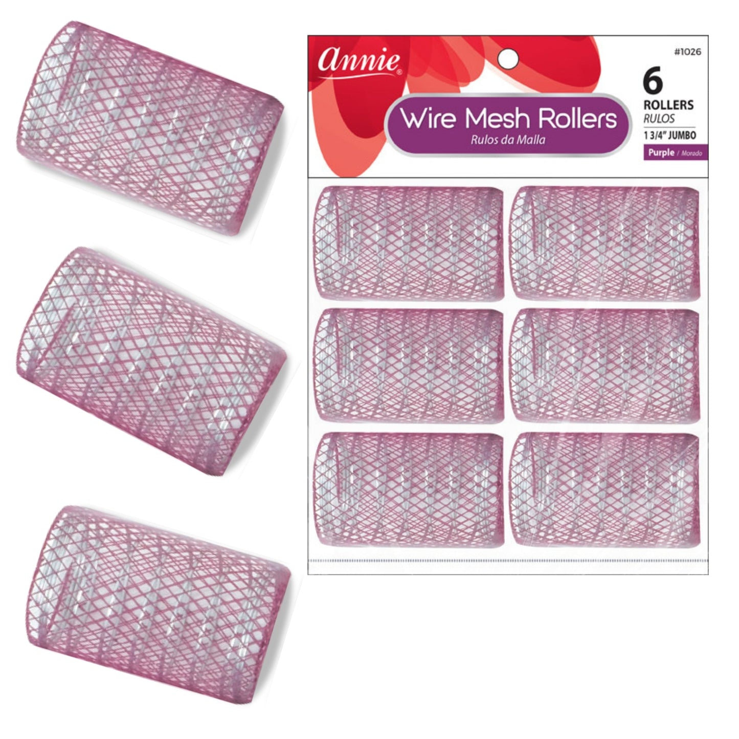 Annie Wire Mesh Hair Rollers 1 3/4 Inch Jumbo, 6 Count, Purple