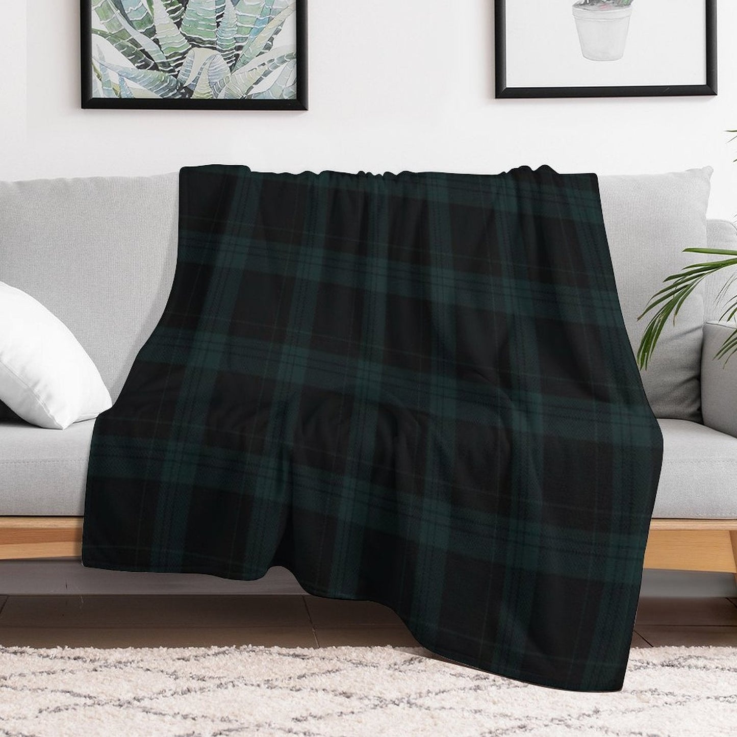 Dark Hunter Green And Deep Charcoal Tartan Plaid Throw Blanket