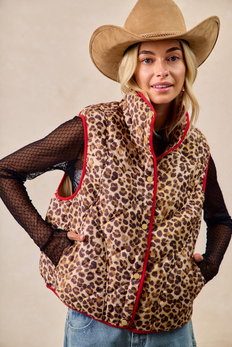 BiBi Leopard Print Piping Detail Quilted Vest