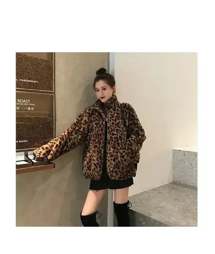 Winter Leopard Print Jacket Women's Stand collar Warm Parkas Outwear