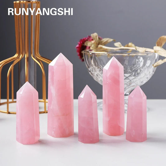 Natural Pink Crystal Point Rose Quartz Crystal hexagonal prism ornament magic wand Healing Gemstone Crystal Tower