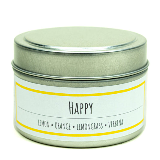 Happy 3 oz. soy candle in travel tin | Lemon, Lemongrass, Verbena