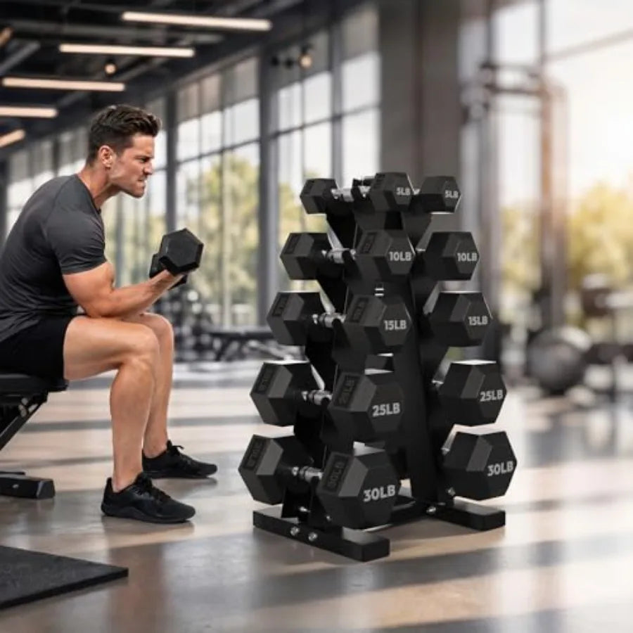 Rubber Coated Hex Dumbbell Set With A Frame Rack And Ergonomic Handles