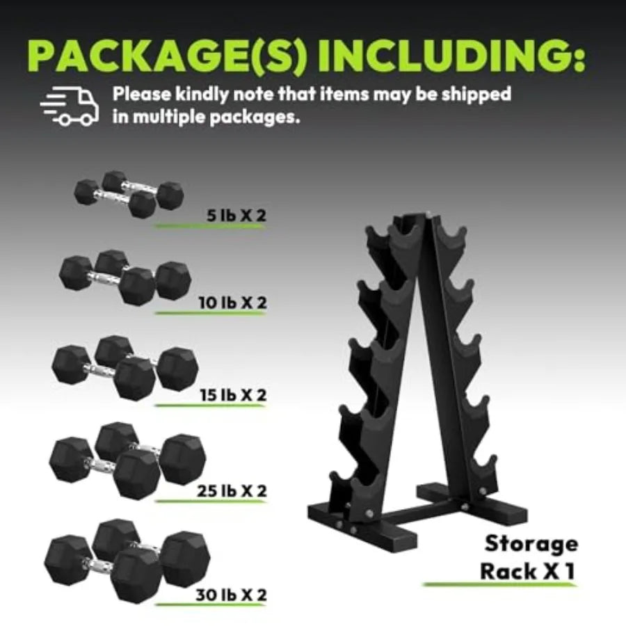 Rubber Coated Hex Dumbbell Set With A Frame Rack And Ergonomic Handles
