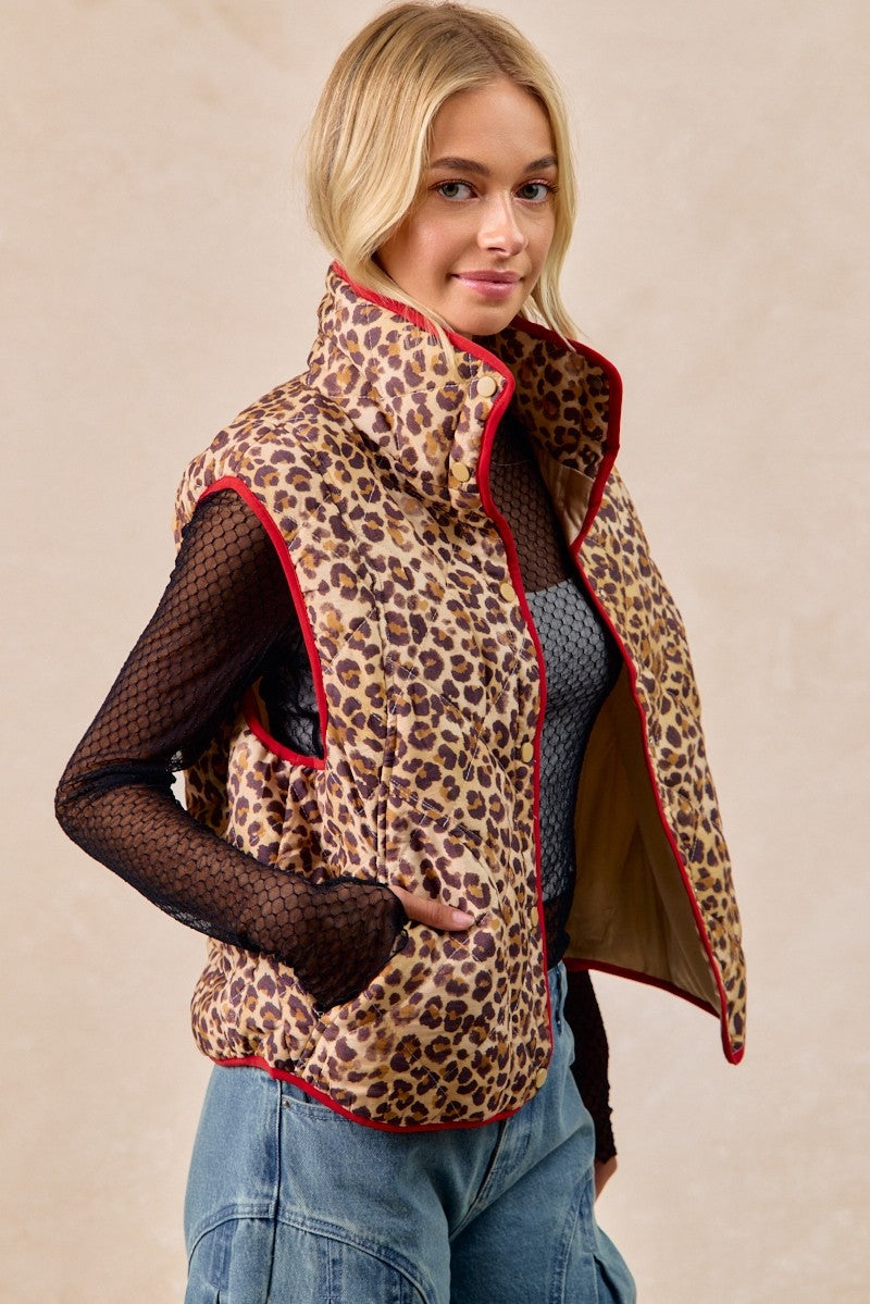 BiBi Leopard Print Piping Detail Quilted Vest