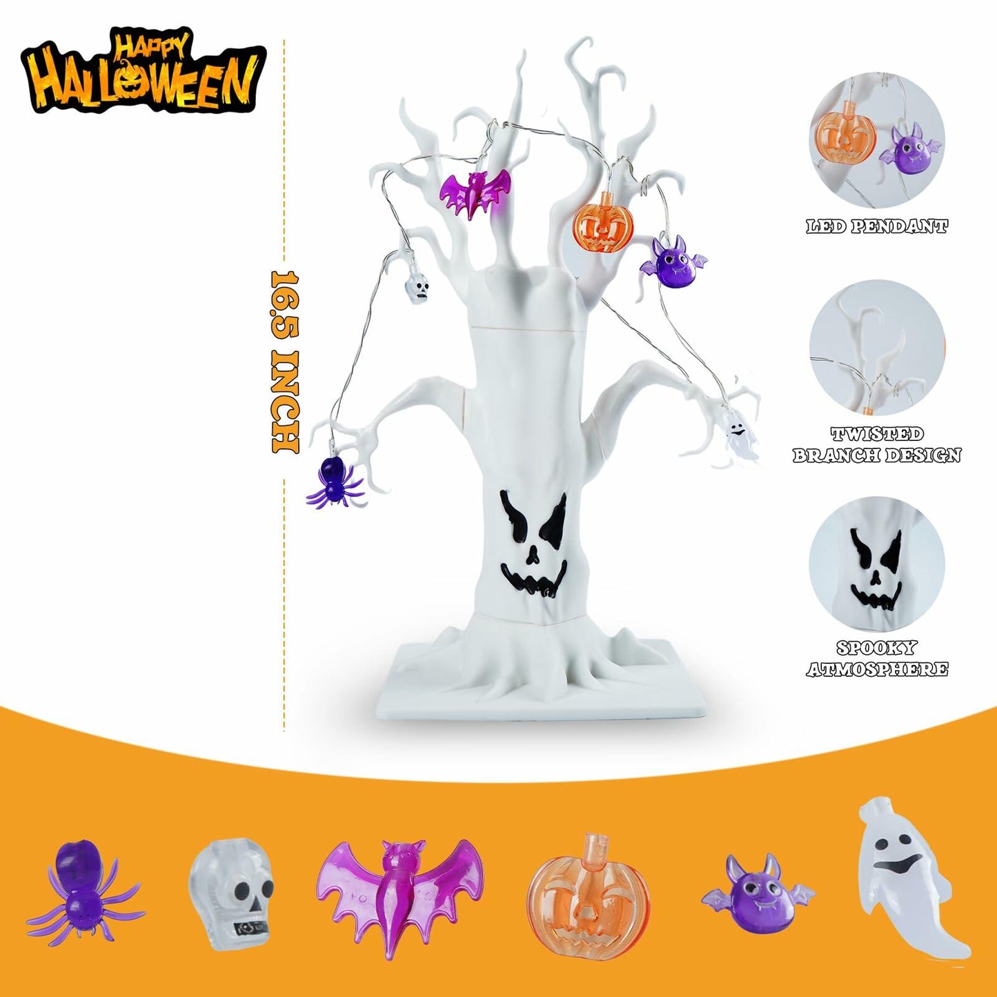 GNIXLING Halloween Tree Decorative Centerpiece White, Spooky Ornaments & Lights
